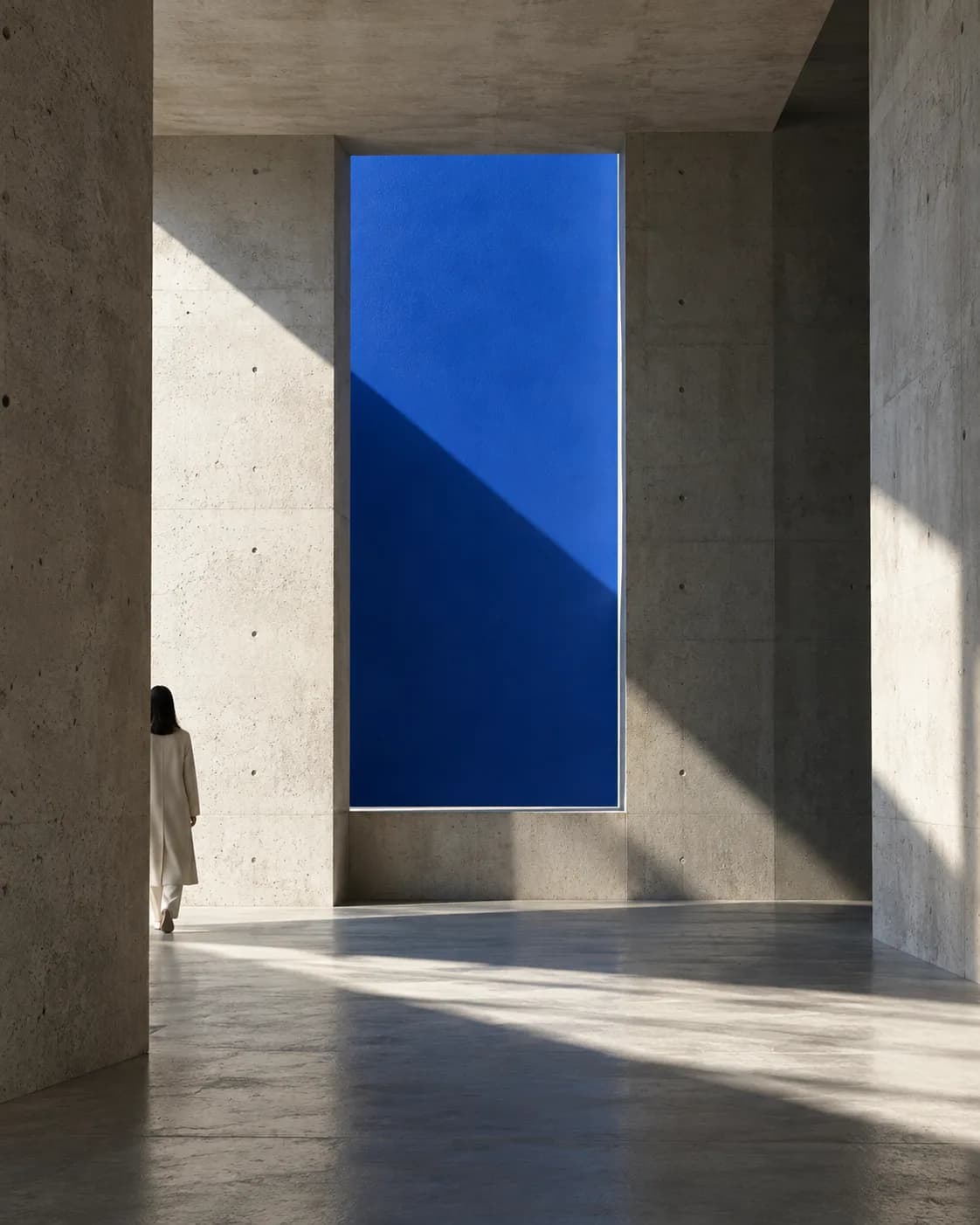 A quiet concrete interior with a precise blue architectural opening