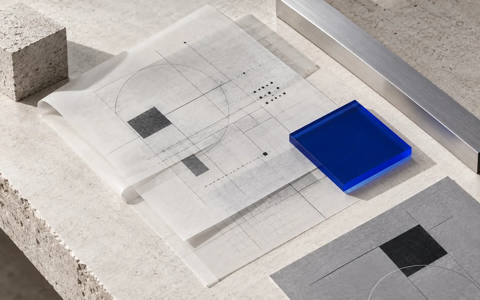 A precise arrangement of paper, aluminium and blue acrylic representing a connected digital system